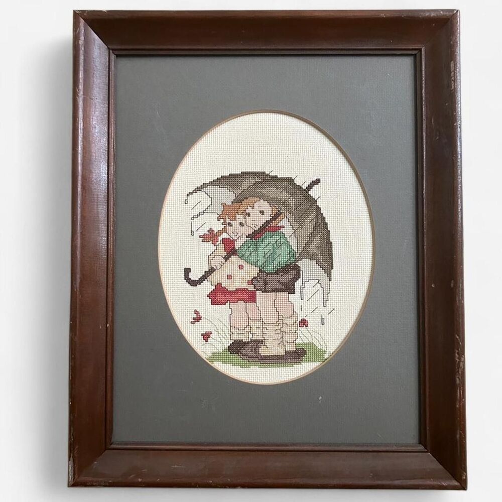 Vintage Wood Framed Hummel Cross stich "Stormy Weather"